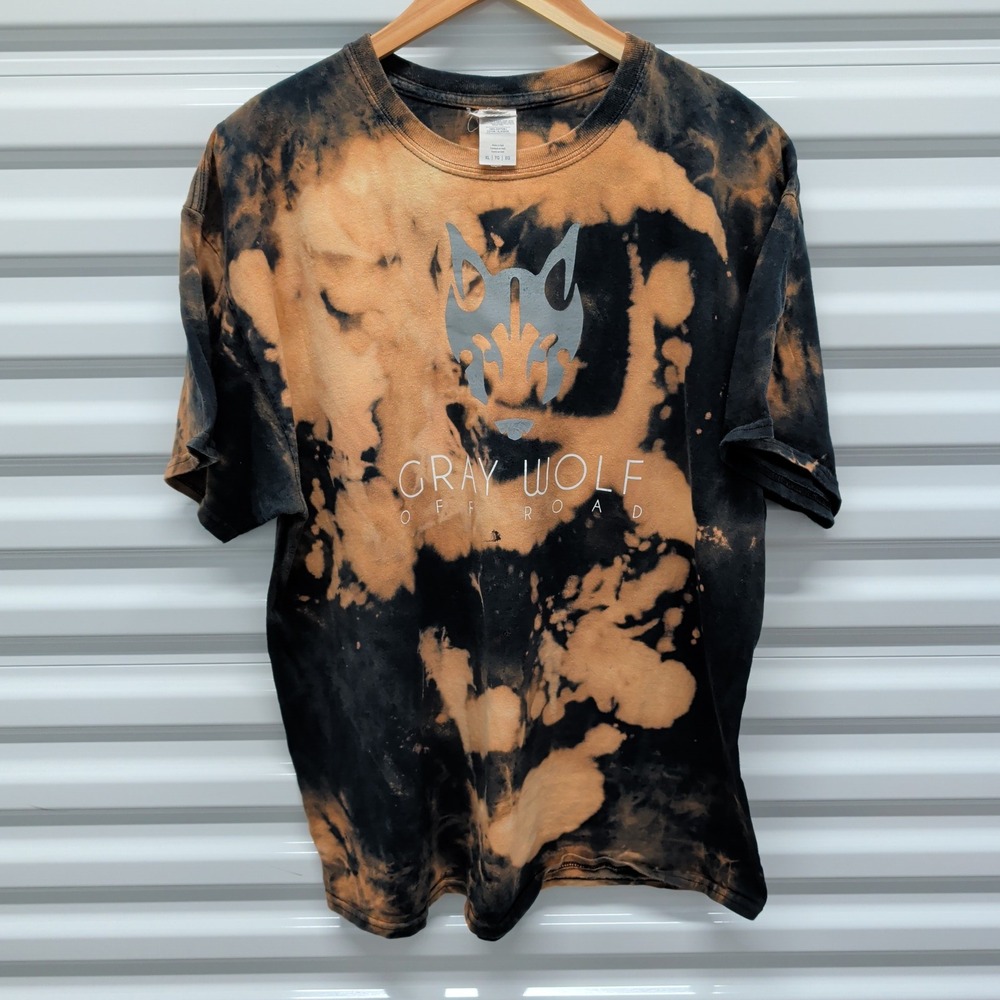 Gildan Gray Wolf Off Road T-Shirt Size XL Mens Black Orange Bleach Tie Dye Tee — photo 2